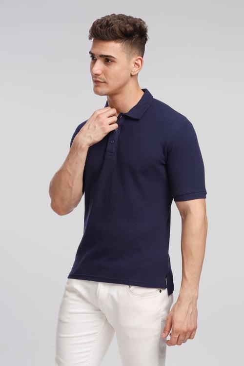 Navy Waffle Knit Polo T-Shirt