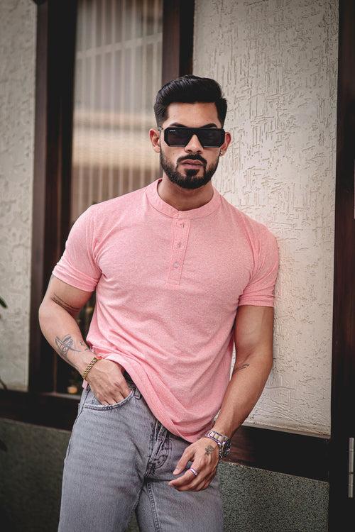 Pink Self Design Henley T-Shirt