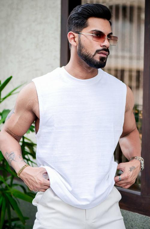 White Sleeveless Slub T-shirt