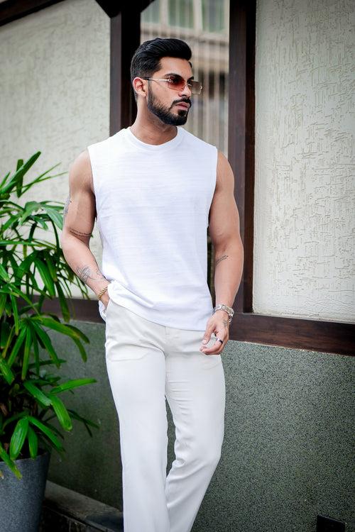 White Sleeveless Slub T-shirt