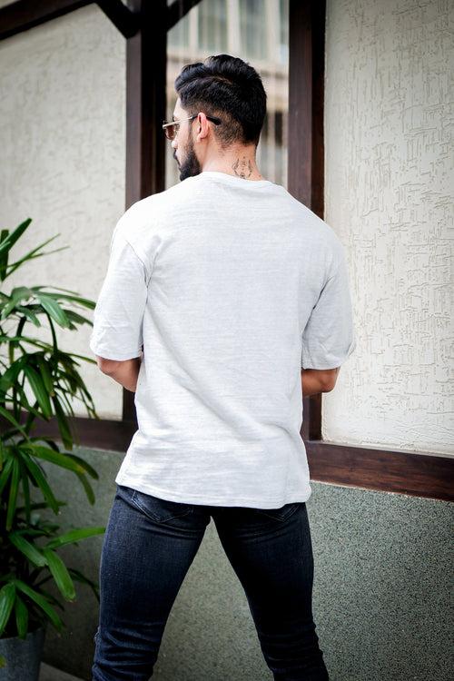 Grey Oversized Self Design Slub T-Shirt