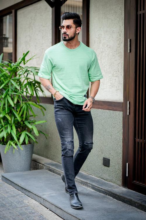 Green Oversized Self Design Slub T-Shirt