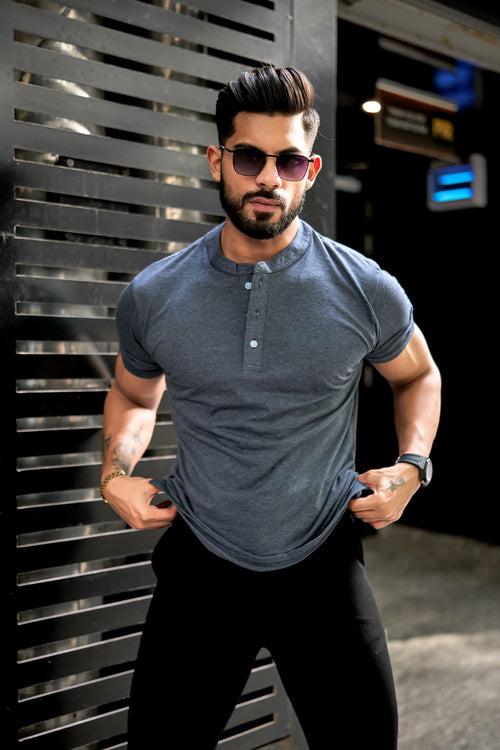 Dark Grey Self Design Henley T-Shirt