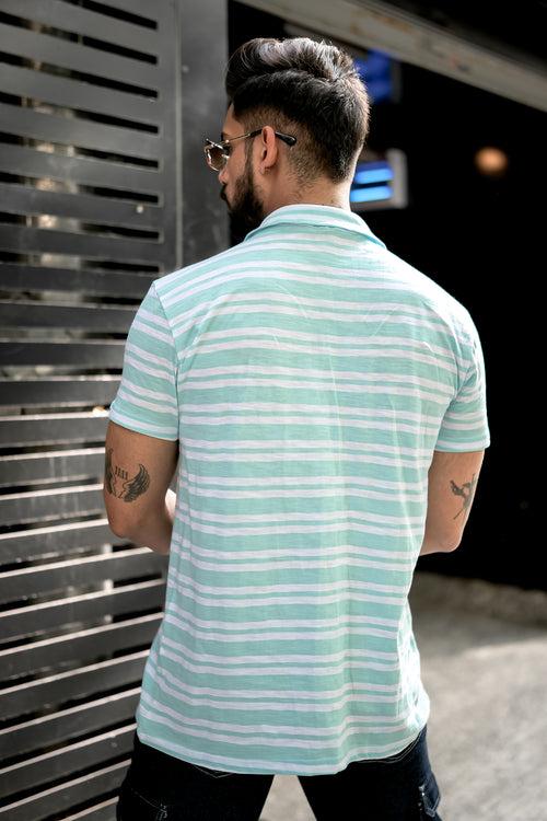 Light Blue Striper Zipper T-Shirt