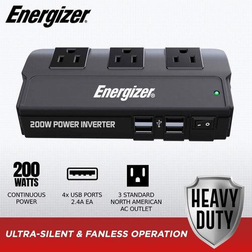 Energizer 200 Watt Power Inverter Modified Sine Wave Car Inverter 12V to 110V DC to AC Converter with Car Cigarette Lighter Plug, Four 2.1A USB Ports & Three Standard North American AC Outlets