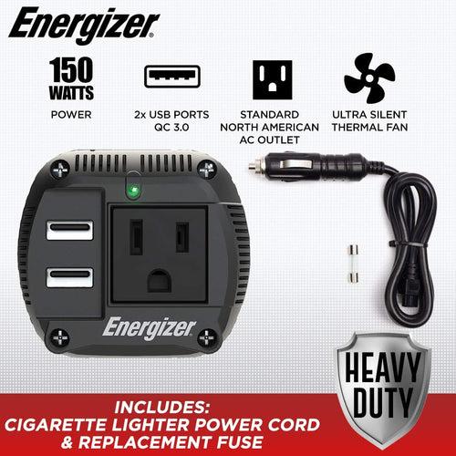 EN150 - Energizer 150 Watts Dual Power Inverter 12V to 110V, Modified Sine Wave Car Inverter, 110 Volts AC Outlet, Cigarette Lighter Adapter and 2 USB Ports