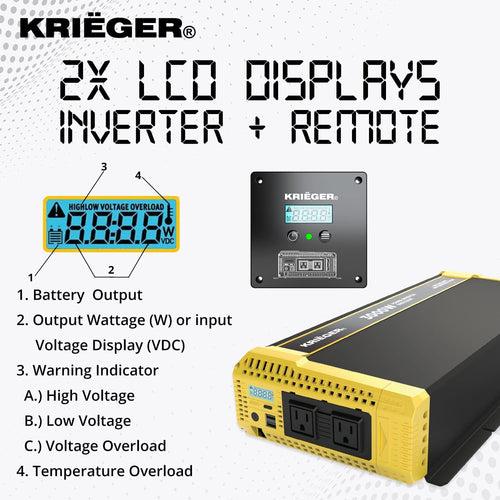 Krieger 3000W Pure Sine Wave Inverter 12V DC to 120V AC Converter for RV, Truck, Off-Grid Solar Power Inverter 12V to 110V W/Built-in 5V/2.1A USB Port, AC Hardwire Port, Remote Cables Fuse Included