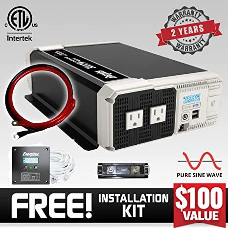 Energizer 1100 Watt 12V Pure Sine Inverter Dual AC Outlets & USB, Installation Kit Included, Automotive Power for Power Tools, Camping & Car Accessories - ETL Approved Under UL STD 458