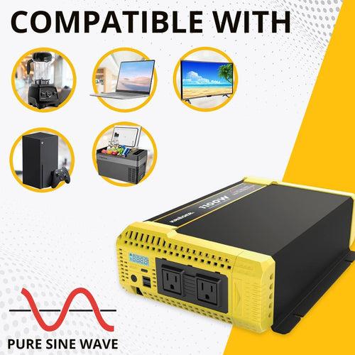 Krieger 1100 Watt 12V Pure Sine Power Inverter Dual USB & AC Outlets for Power Tools, Camping and Car Accessories, ETL Approved Under UL STD 458