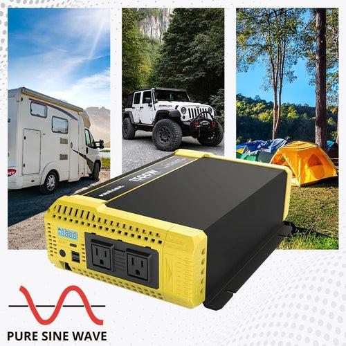 Krieger 1500 Watt 12V Pure Sine Inverter Dual AC Outlets & USB, Installation Kit Included, Automotive Portable Power for Power Tools, Camping & Car Accessories - ETL Approved Under UL STD 458