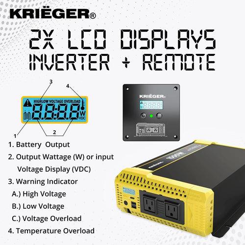 Krieger 1500 Watt 12V Pure Sine Inverter Dual AC Outlets & USB, Installation Kit Included, Automotive Portable Power for Power Tools, Camping & Car Accessories - ETL Approved Under UL STD 458