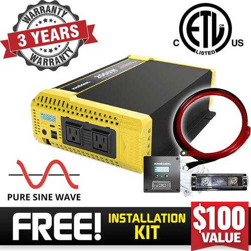 Krieger 2000 Watt 12V Pure Sine Power Inverter Dual USB & AC Outlets, Automotive Portable Power for Power Tools, Camping and Car Accessories. ETL Approved Under UL STD 458