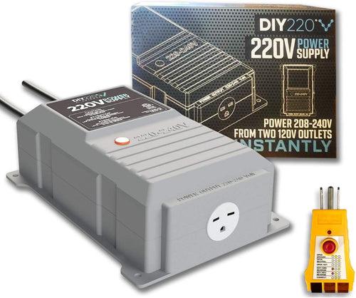 DIY220 Quick Connect 220V Power Supply, Power 208-240 Volts from Two Separate 110/120V AC Circuits, 220V 15A AC Output Outlet, GFCI Outlet Circuit Tester Included – ETL Certified Under UL and CSA Std