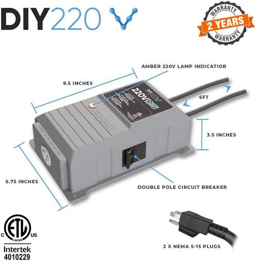 DIY220 Quick Connect 220V Power Supply, Power 208-240 Volts from Two Separate 110/120V AC Circuits, 220V 15A AC Output Outlet, GFCI Outlet Circuit Tester Included – ETL Certified Under UL and CSA Std