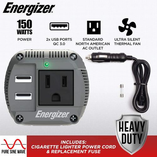 Energizer 150 Watts Pure Sine Wave Power Inverter - 2 USB Ports QC 3.0 -