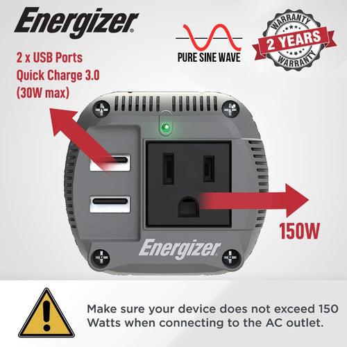 Energizer 150 Watts Pure Sine Wave Power Inverter - 2 USB Ports QC 3.0 -