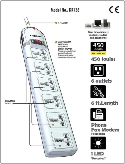 KR136 KRIEGER Universal Power Strip AC 220-240V Surge Protector