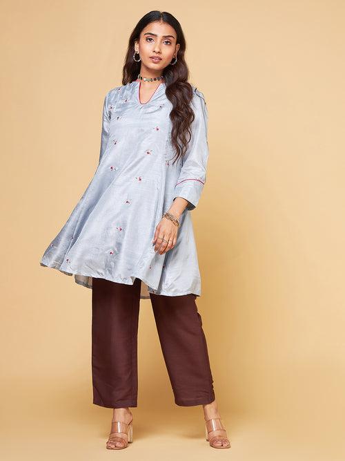 Inara Grey Ditsy Floral Embroidered Kurta