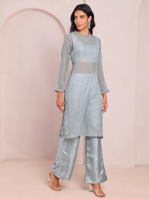 Inara Sheer Grey Straight Kurta And Palazzo Set