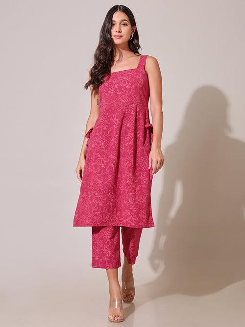 Paint With Love Printed Dark Pink Tie Up Kurta Set