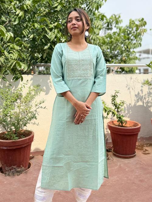 Blooming Melodies Mint Green Solid Embroidered Kurta