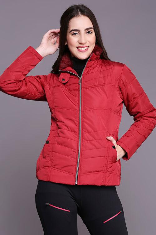 Maroon Mid-Length Puffer Women’s Jacket With High Fur Collar