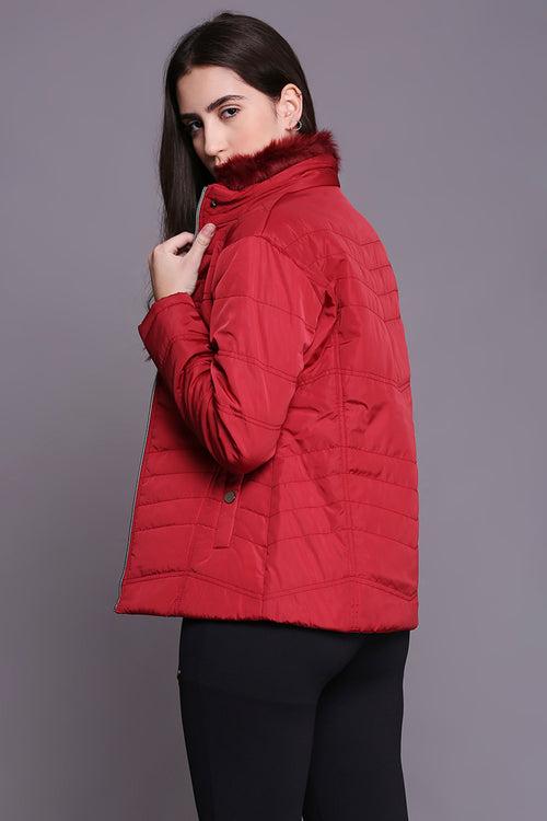 Maroon Mid-Length Puffer Women’s Jacket With High Fur Collar