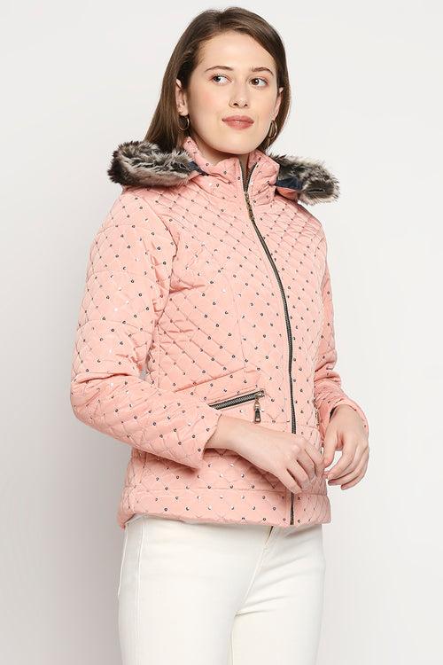 Baby Pink Mid Length High Collar Puffer Jacket With Detachable Fur Hoodie