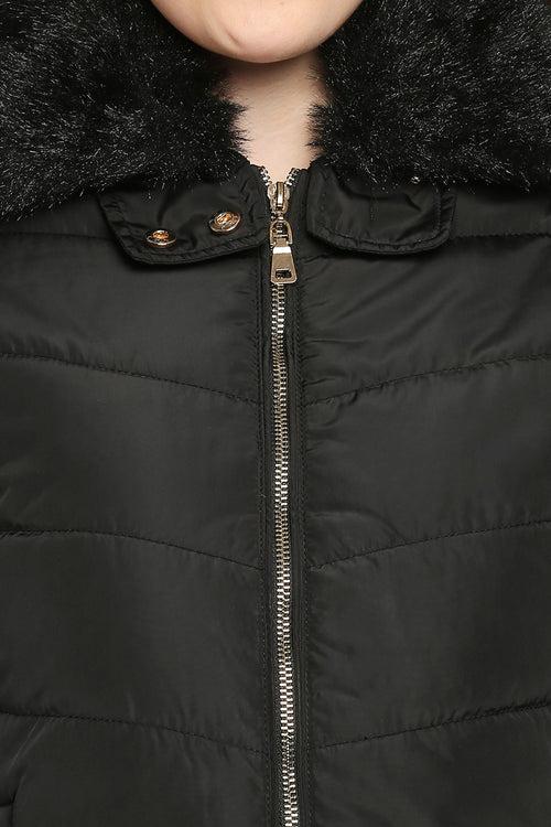 Black Fur Collar Mid Length Puffer Jacket With Zip Details