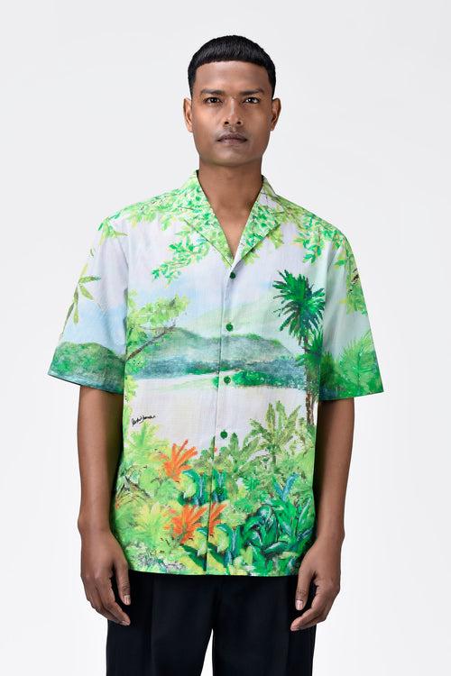 Easy Fit Men's Shirt With Tropical Landscape Print