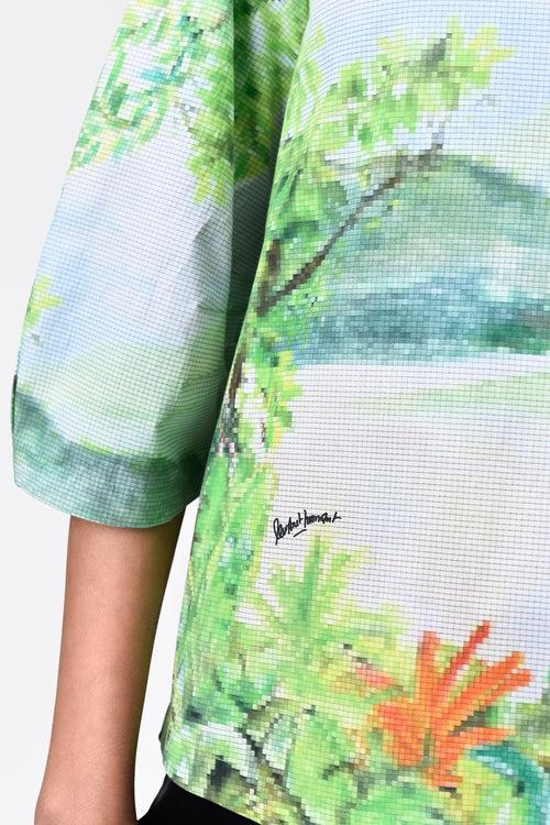 Landscape Print Top with Rounded Sleeves