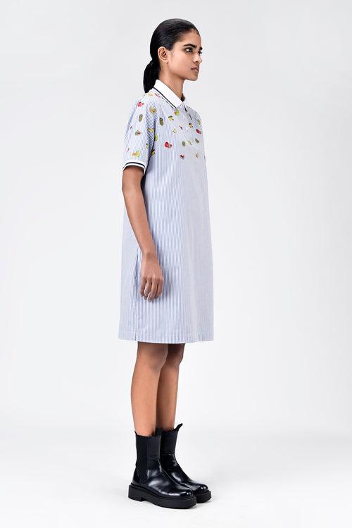 Cotton Polo Dress with Fruit Motif Embroidery