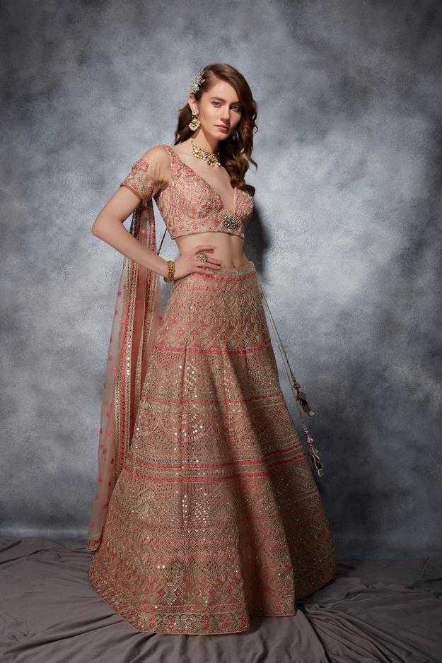 Pastel Peach Thread & Mirror Work Lehenga