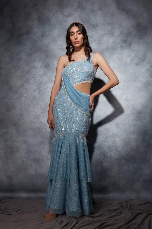 One Shoulder Mermaid Cut Saree Gown