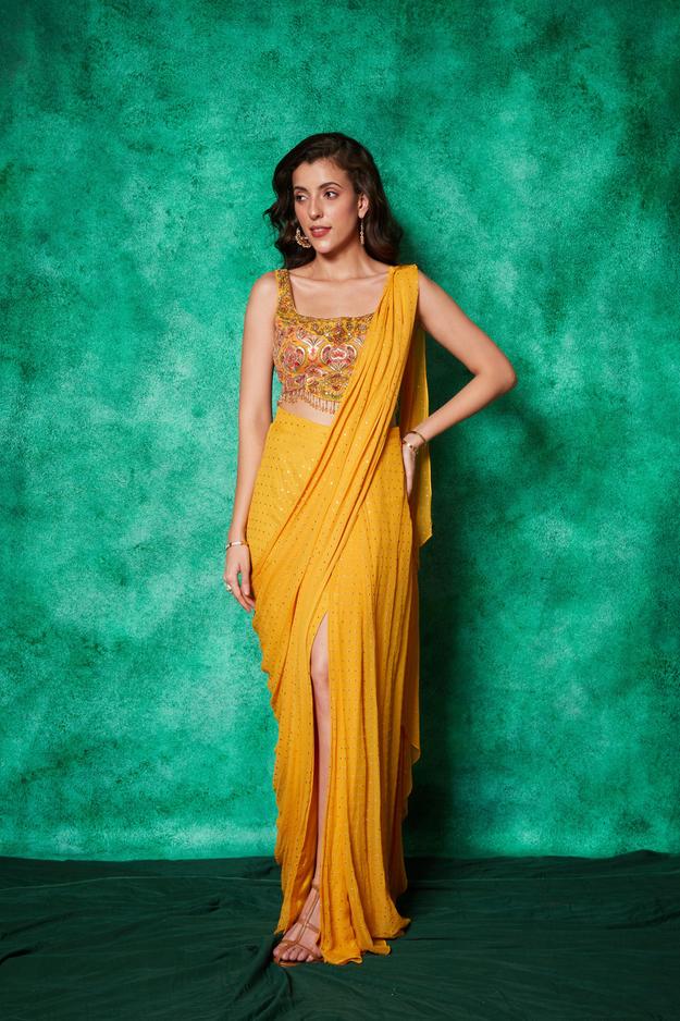 Pre-stitched Saree with Slit Teamed with Embroidered Blouse