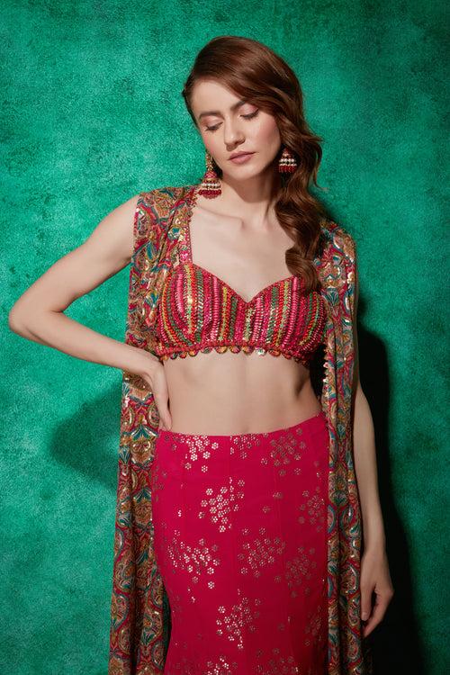 Multicolour Cape with Croplet & Lehenga