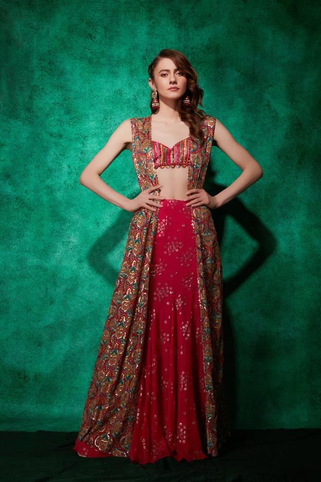 Multicolour Cape with Croplet & Lehenga