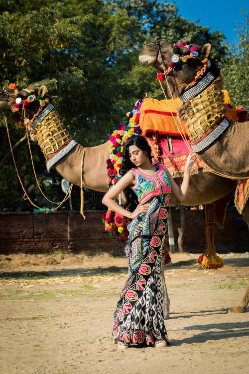 Black & White Kali Saree with Pop Colour Border