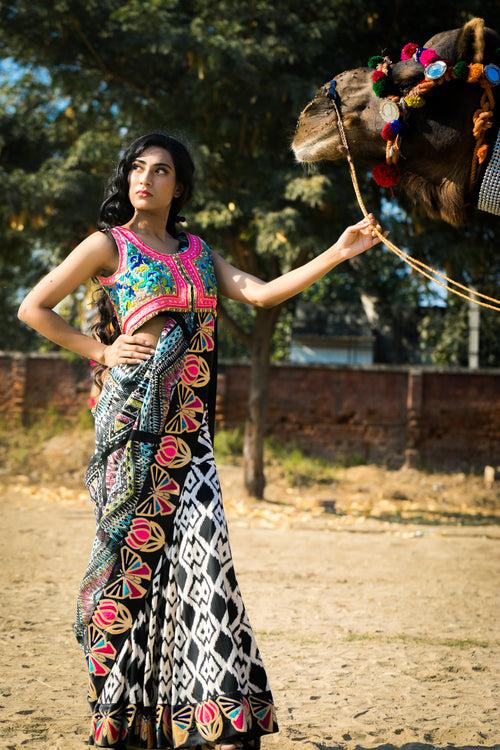 Black & White Kali Saree with Pop Colour Border