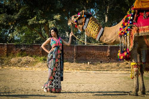 Black & White Kali Saree with Pop Colour Border