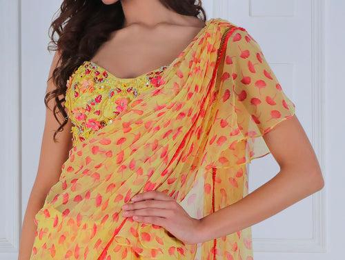 Ruffle Palla, Printed Sharara Saree with embroidered Blouse