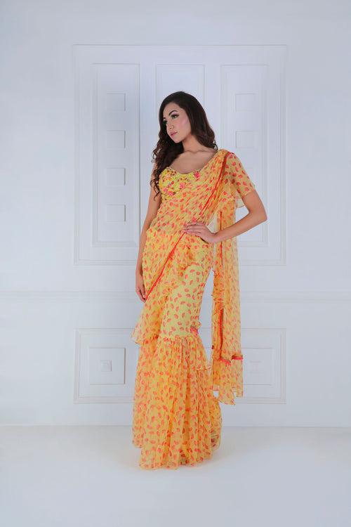 Ruffle Palla, Printed Sharara Saree with embroidered Blouse