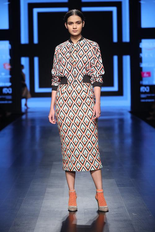 Handwoven Cotton in Geometric Pattern Calf-Length Sheath Dress