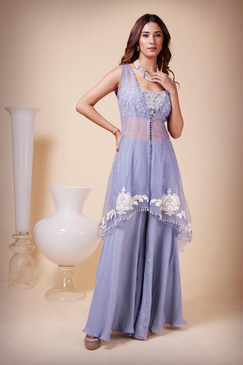 Sky Blue Organza Jacket with Crop Top & Sharara Pants