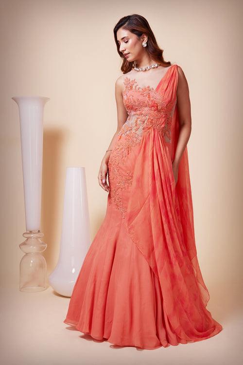 Mermaid Style Saree Gown with Tie-Dye Chiffon Drape