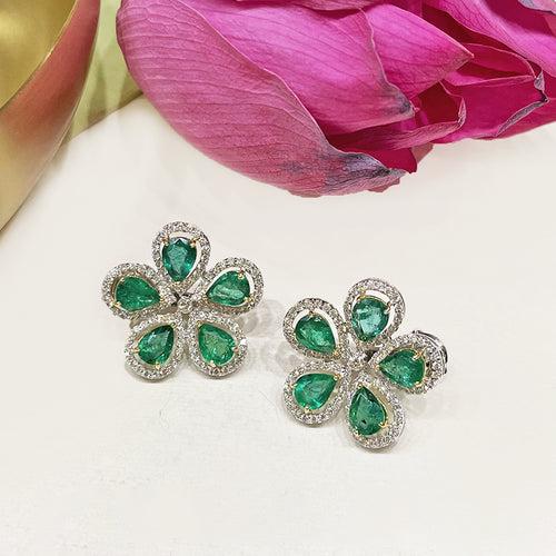 Pear-shaped Emerald and Diamond Floral Earrings.