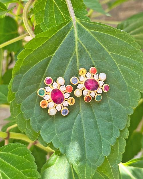 Navratan Diamond Studs in 14 KT Gold