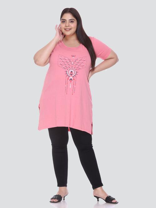 Plus Size Long T-shirts For Women - Half Sleeve - Pack of 2 (Green & Blush Pink)