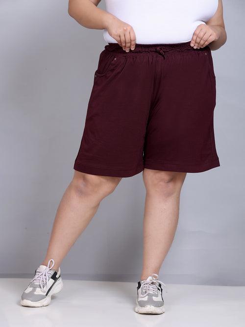 Plus Size Cotton Shorts For Women - Plain Bermuda Combo (Sky Blue & Wine)