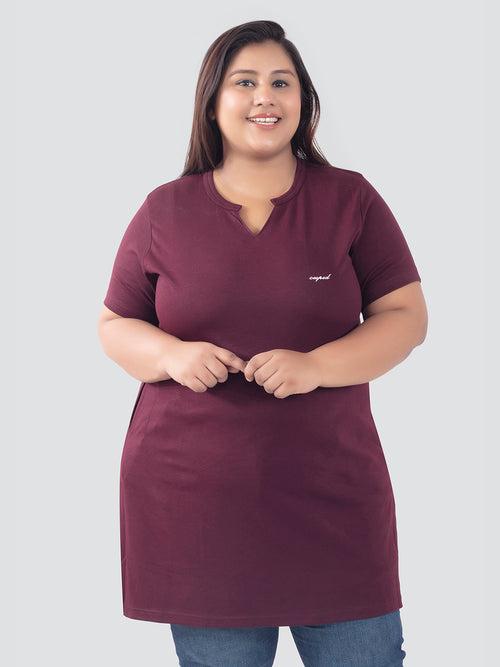 Plus Size Half Sleeves Long Top For Women - Wine